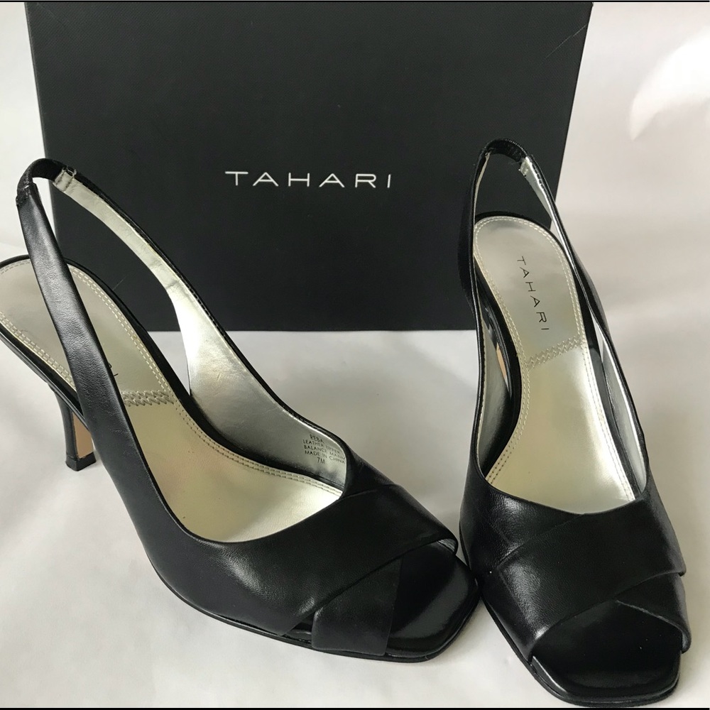 EUC Tahari Reba Black Leather Slingback Heels